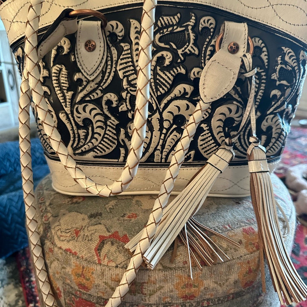 Patricia Nash Cream and Black Embossed Floral Tote with Braided Straps - Picture 7 of 11